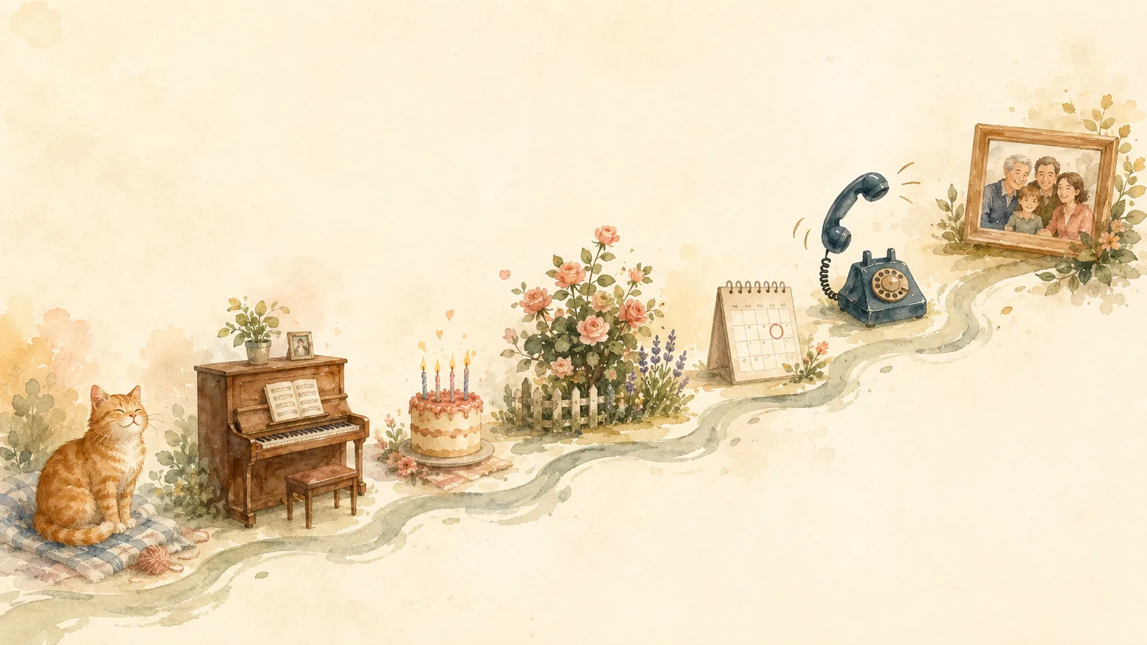 Watercolour illustration of memories building over time — a cat, piano, birthday cake, garden, telephone and family photo along a winding path